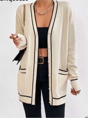 SHEIN Cream Pearl-Button Cardigan Sweater with Black Trim Pockets Size XL